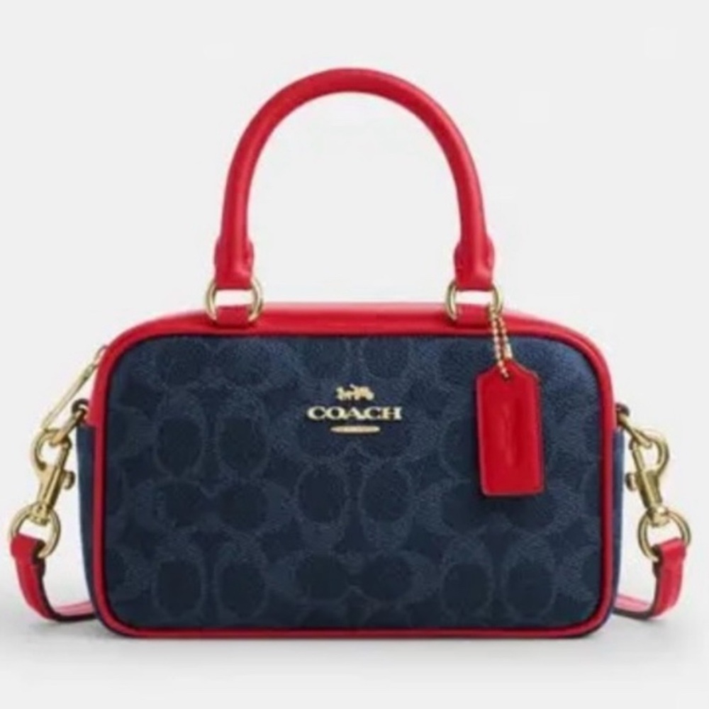 Satchel Crossbody Bag In Signature Canvas Denim/Bold Red CW197 - Picture 3 of 16